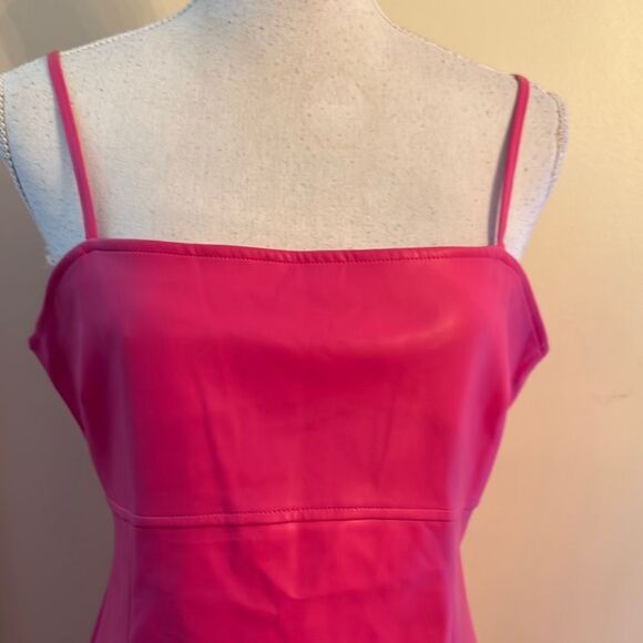 Miss Selfridge Faux Leather Vibrant Pink Spaghetti Strap Dress - Picture 2 of 8